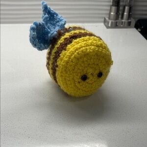 Handmade Crocheted Yellow Bee Plush with Blue Wings